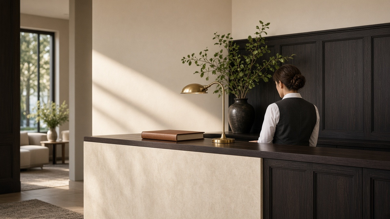 Reception desk in cream and graphite timber with a brass lamp and a staff member seen from behind