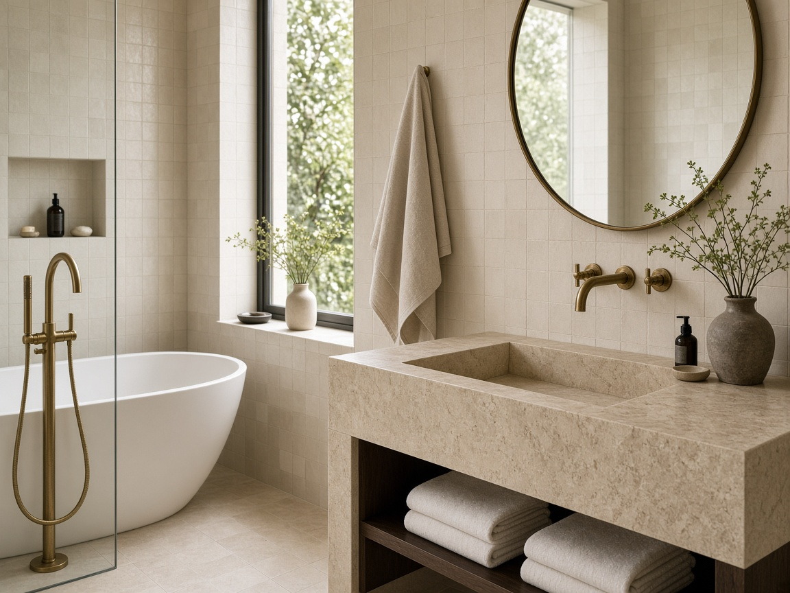 Bathroom with stone basin, brass tap and linen towels in daylight