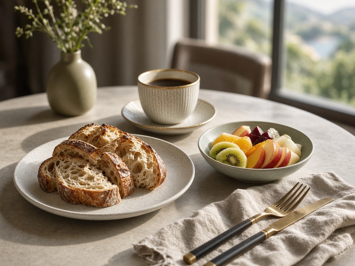 Breakfast table with sourdough, fruit and coffee in a brass-rimmed cup