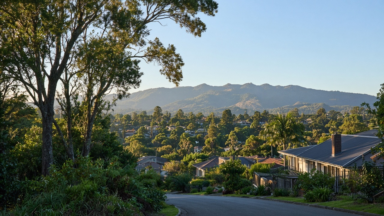 Henderson street with native trees and Waitākere foothills under a clear sky