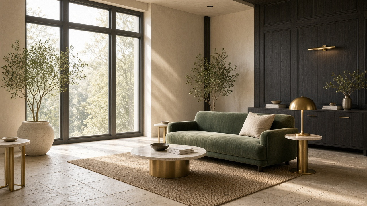Offerstrideway lobby — cream plaster, sage sofa and brass lamps in morning light