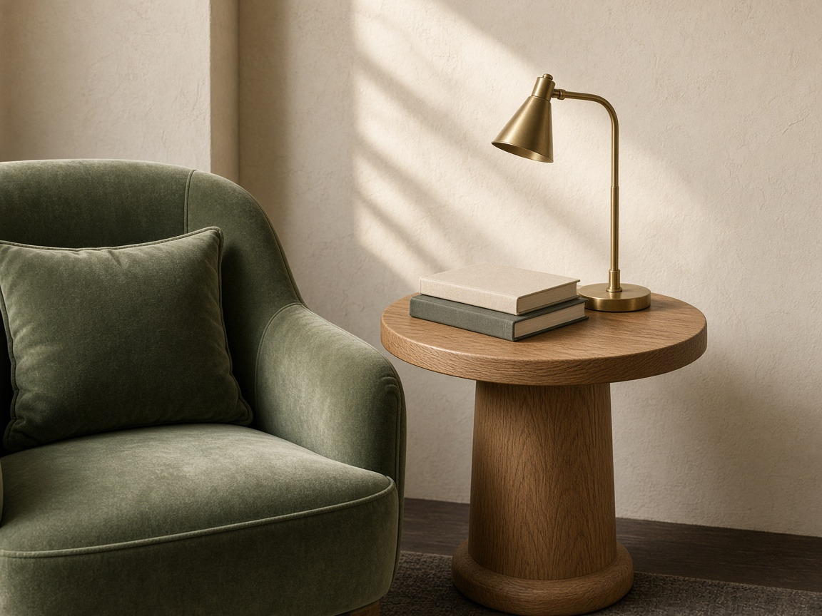 Sage velvet armchair and brass reading lamp in the Offerstrideway lounge