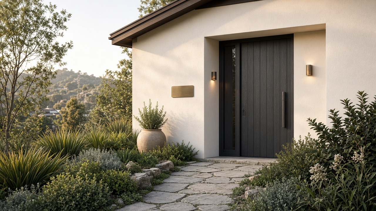 Cream plaster hotel entrance with graphite timber door and native planting on Matuhi Rise