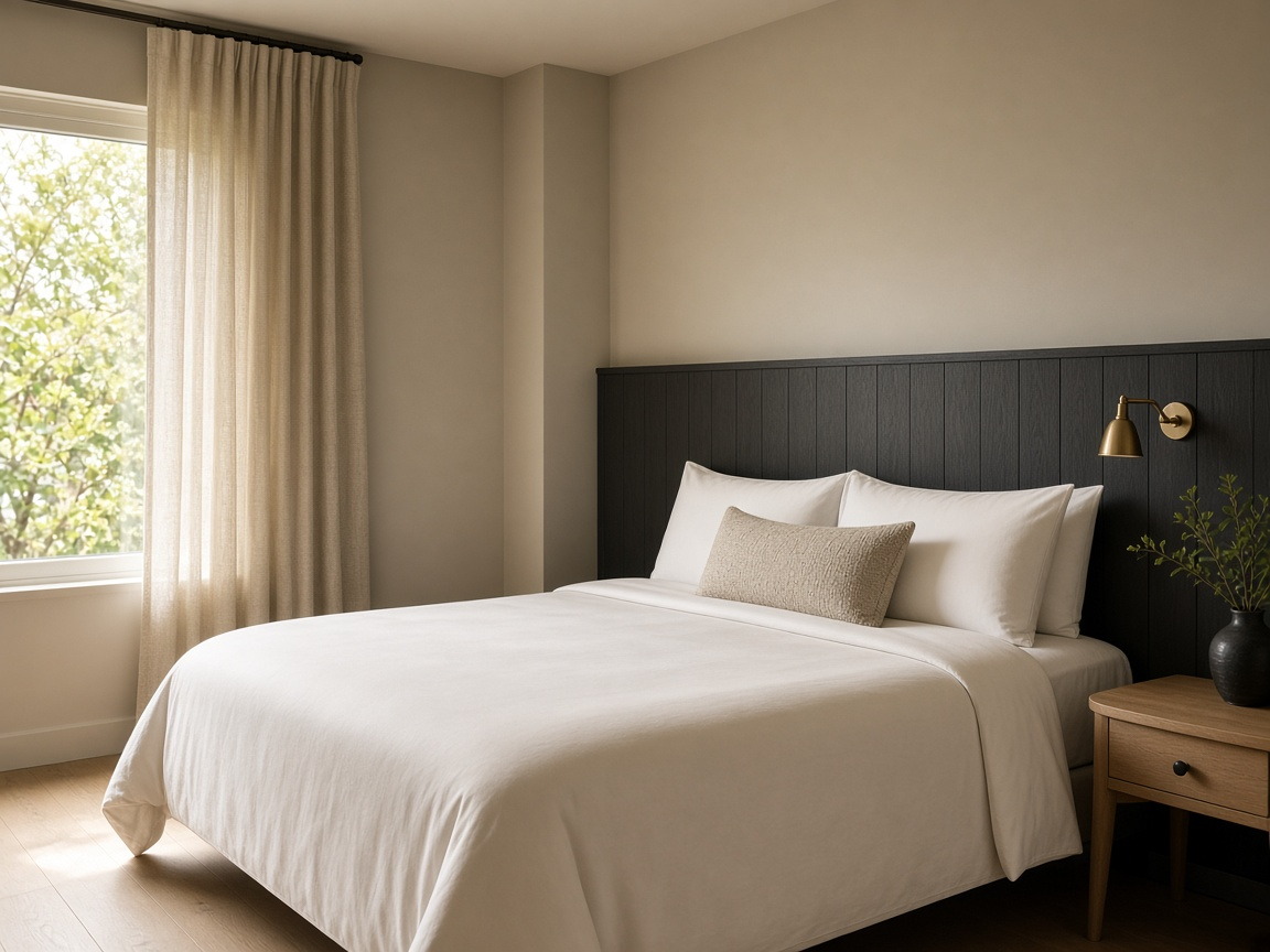 The Compact — queen bed with cream linen, graphite headboard and a brass wall lamp