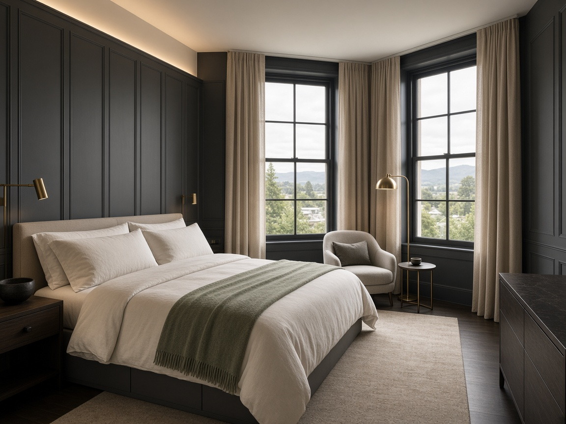 The Corner — king bed in a dual-aspect room with sage throw and brass floor lamp