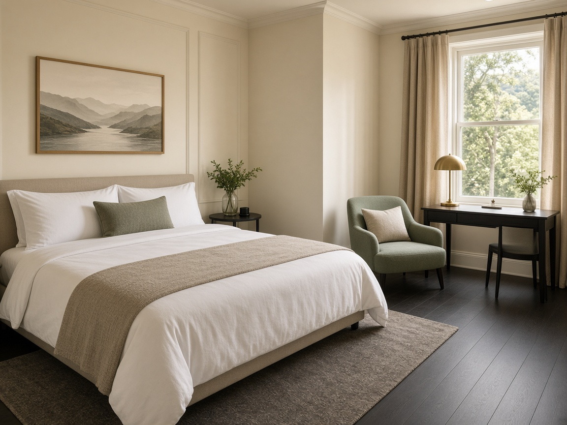 The Studio — queen bed, sage armchair and a writing desk in afternoon light