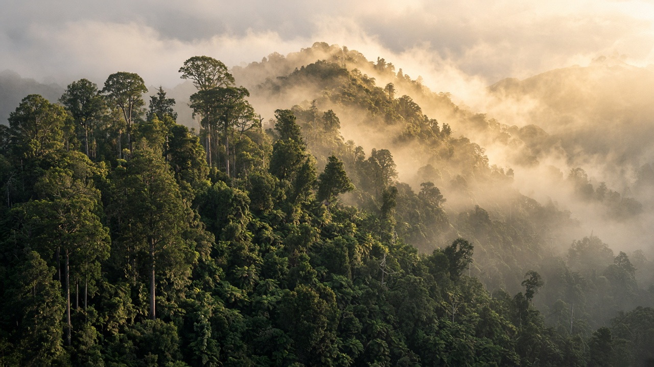 Waitākere Ranges bush and ridgeline in morning light — the view west of Henderson